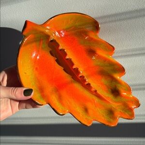 Vintage Mid-Century Ceramic Ashtray | Orange & Green Drip Glaze | Leaf Shape